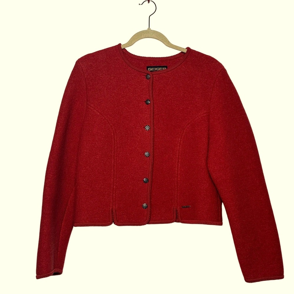 Geiger Red Boiled Pure New Wool Cardigan Jacket Floral Buttons Size 42 US 10